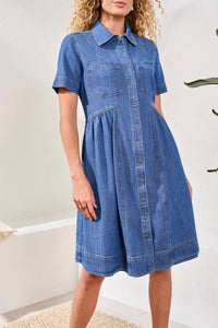 TRIBAL Button Down Flowy Dress in fjord blue - women's dress