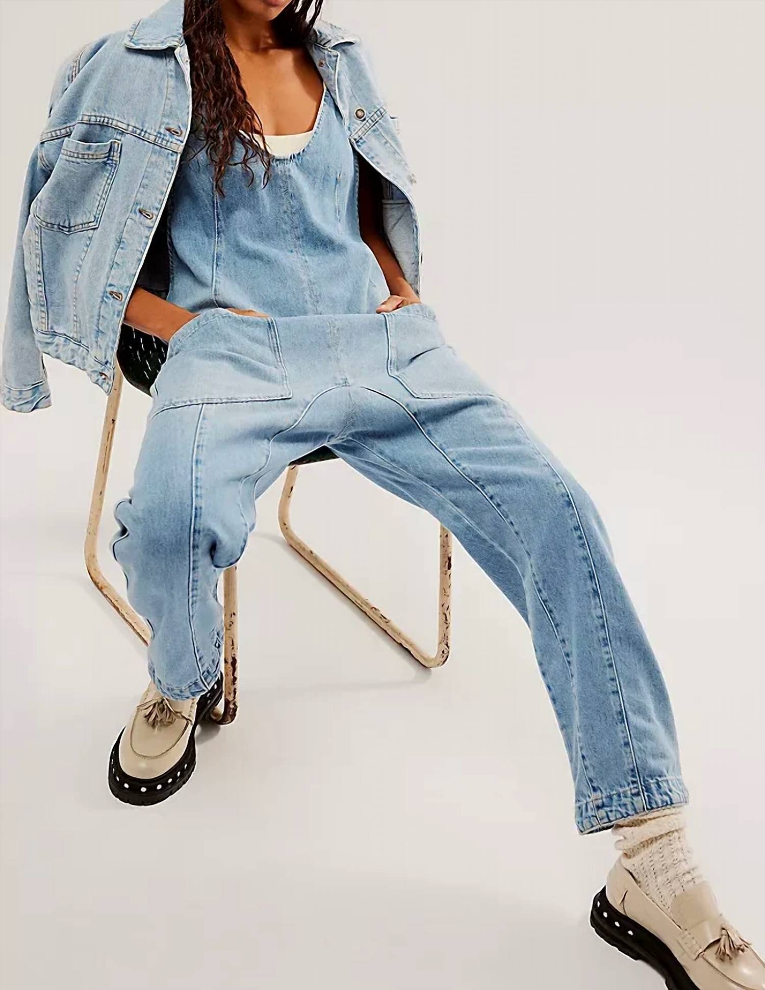 Sweetkama - Denim Adjustable Shoulder High Roller Jumpsuit