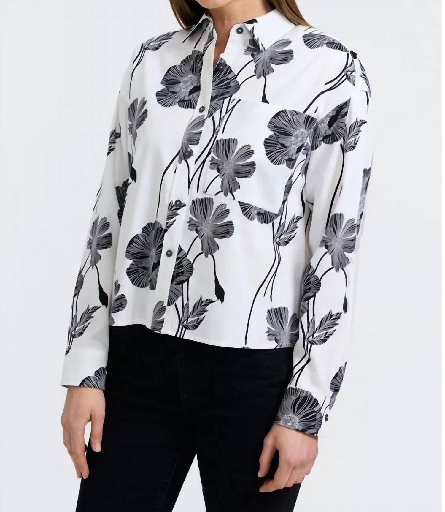 Foxcroft Marina Poppy Long Sleeve Shirt in light black poppy - women's long sleeve top