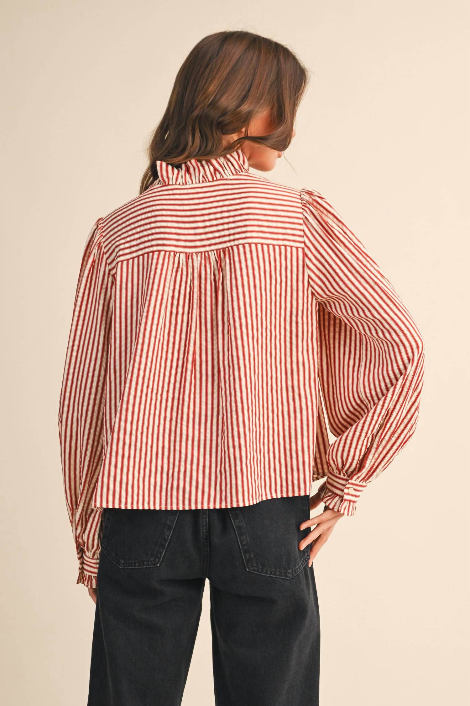 &Merci - Striped Ruffle Button Down Top