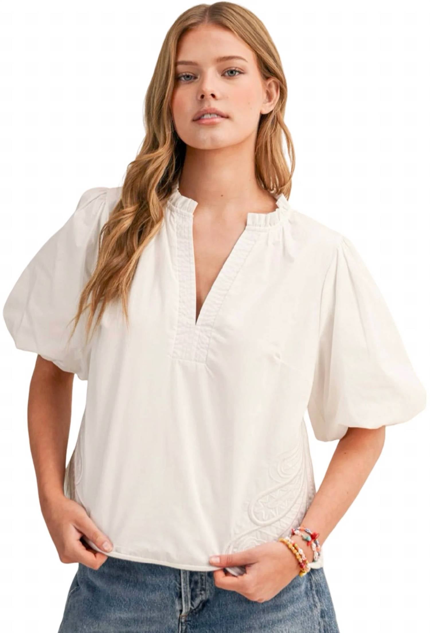 &Merci - Bubble Sleeve Top With Side Embroidery