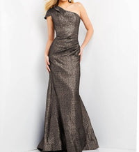 Jovani - Metallic Ruched One Shoulder Maxi Dress