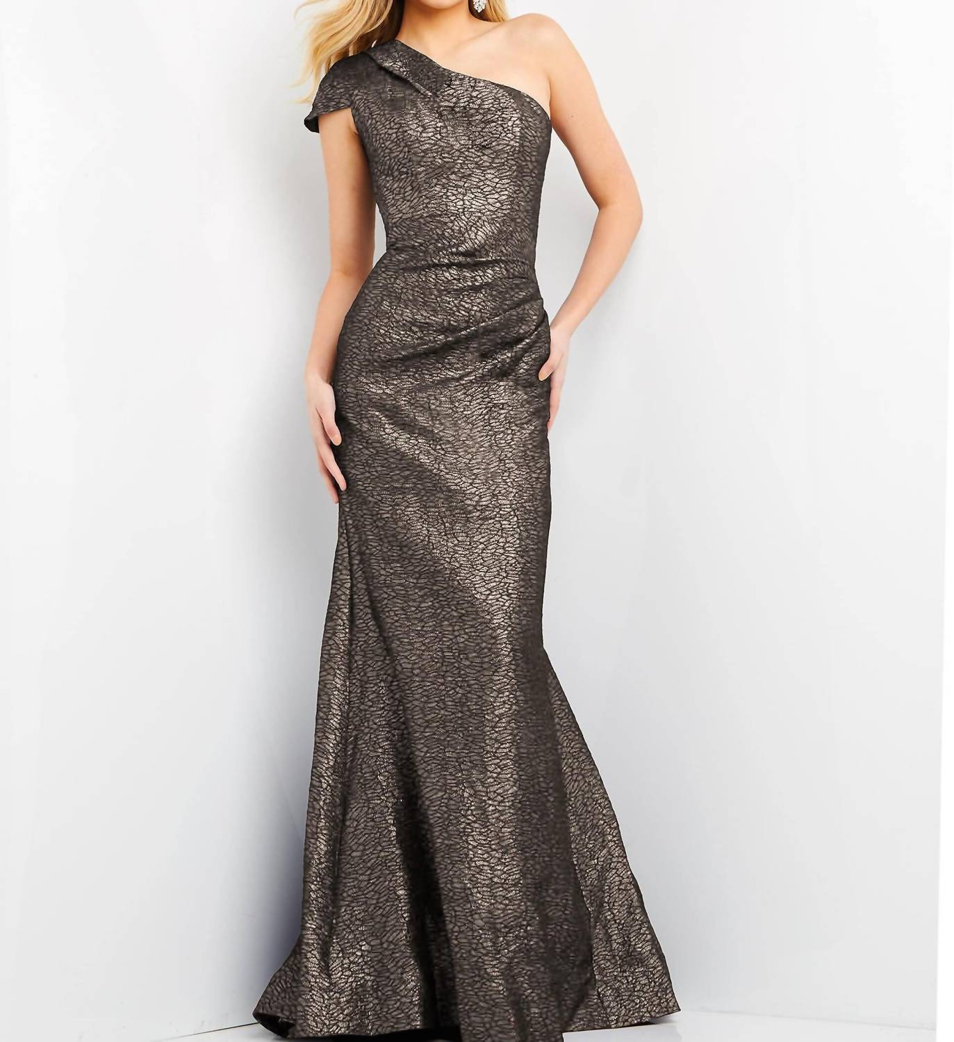 Jovani - Metallic Ruched One Shoulder Maxi Dress