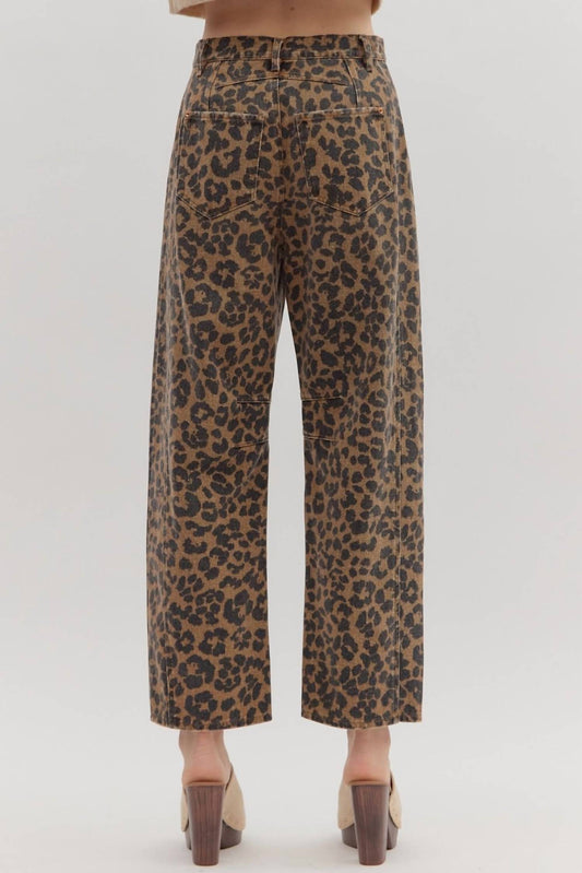 Entro - Trendy Leopard Barrel Leg Jeans