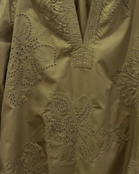 Nyland Women's Eponine Split Neck Blouse in olive green - women's blouse - detail view