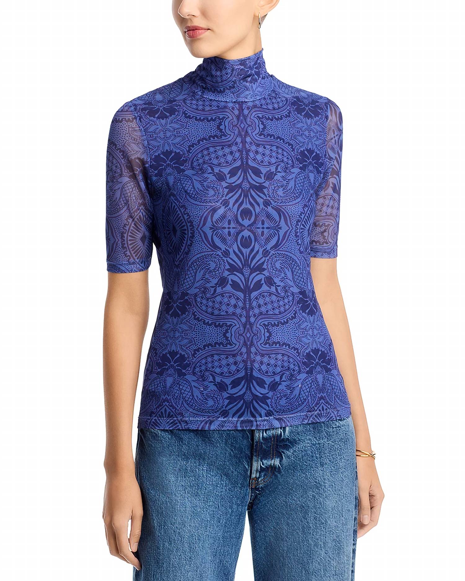Johnny Was MESH ELBOW SLEEVE MOCK NECK TOP in katina - women's t-shirt