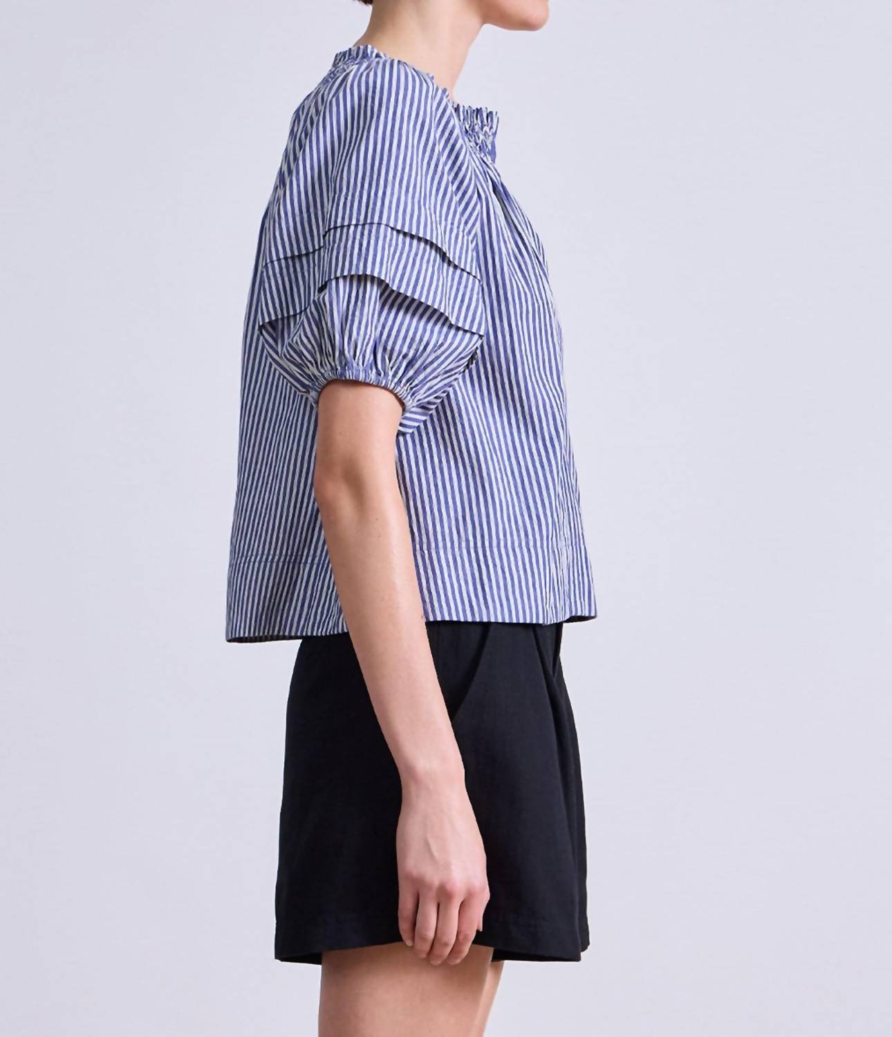 APIECE APART Caminitas Puff Sleeve Top in skinny stripes indigo cream - women's blouse - alternate view