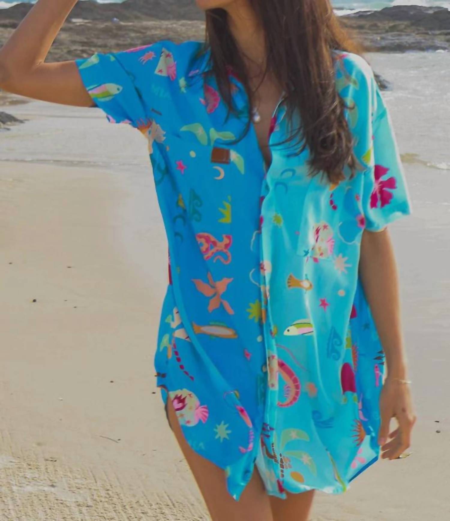 Palm Collective Hibiscus Dreams Shirt Dress in blue - women's dress