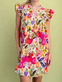 Gigio - Floral Print Ruffled Neck Mini Dress