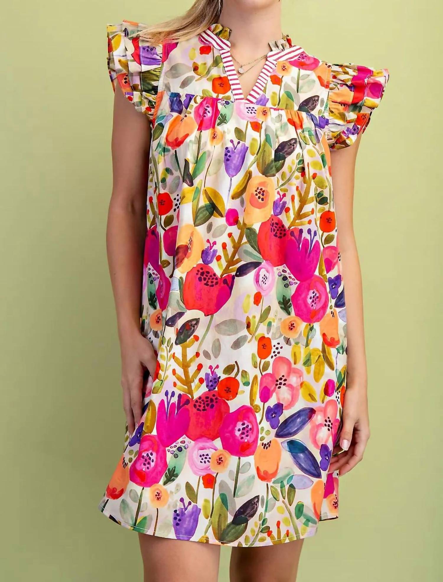 Gigio - Floral Print Ruffled Neck Mini Dress