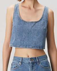 Self-Portrait - Rhinestone Denim Crop Top