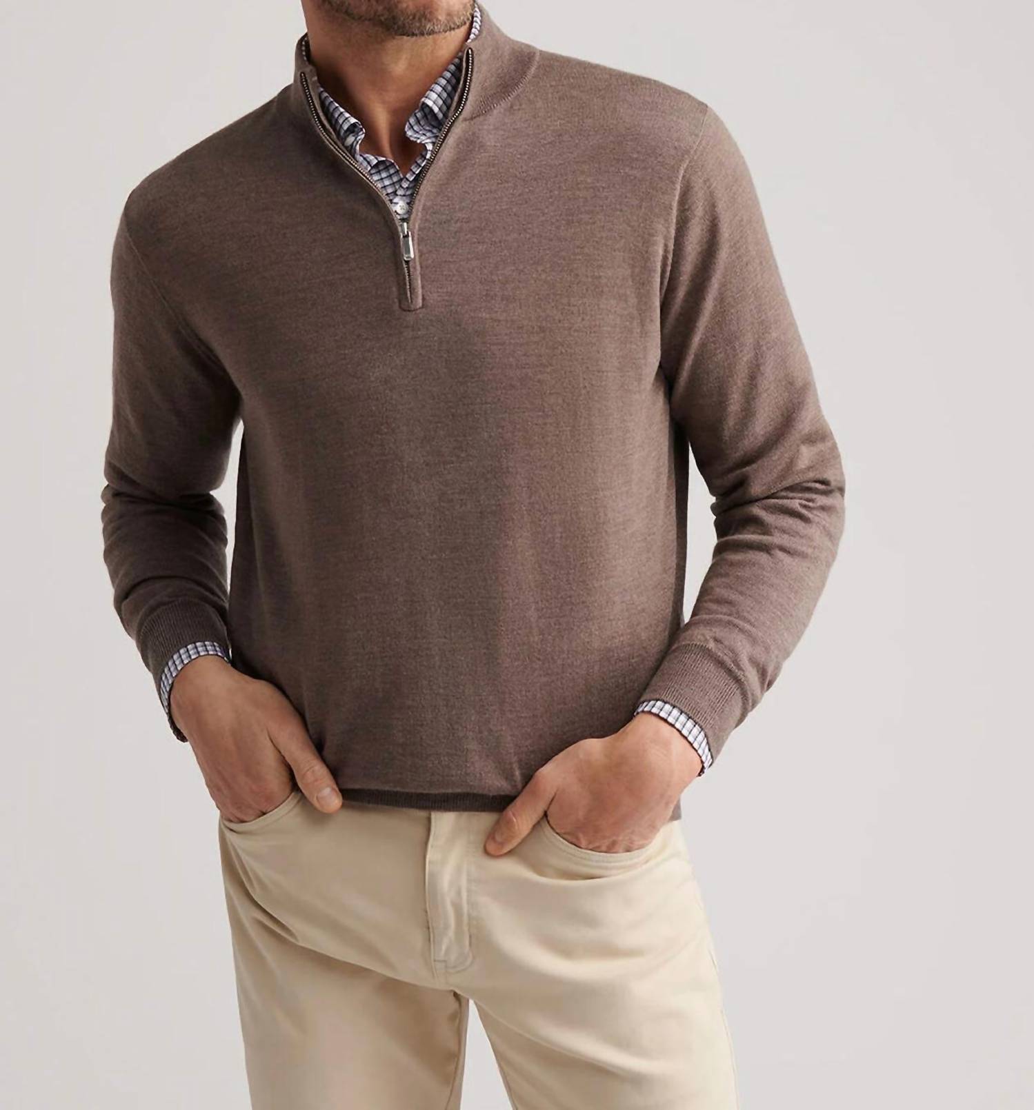 PETER MILLAR Autumn Crest Quarter Zip Sweater in poplar brown - men's sweater