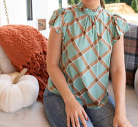 voy Country Charm Plaid Ruffle Top in sage and brown - women's blouse