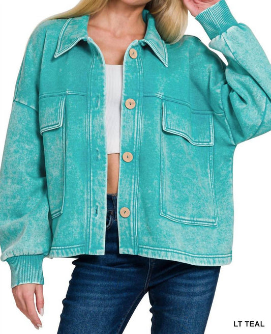 Zenana - Acid Wash Fleece Cropped Shacket With Front Pockets