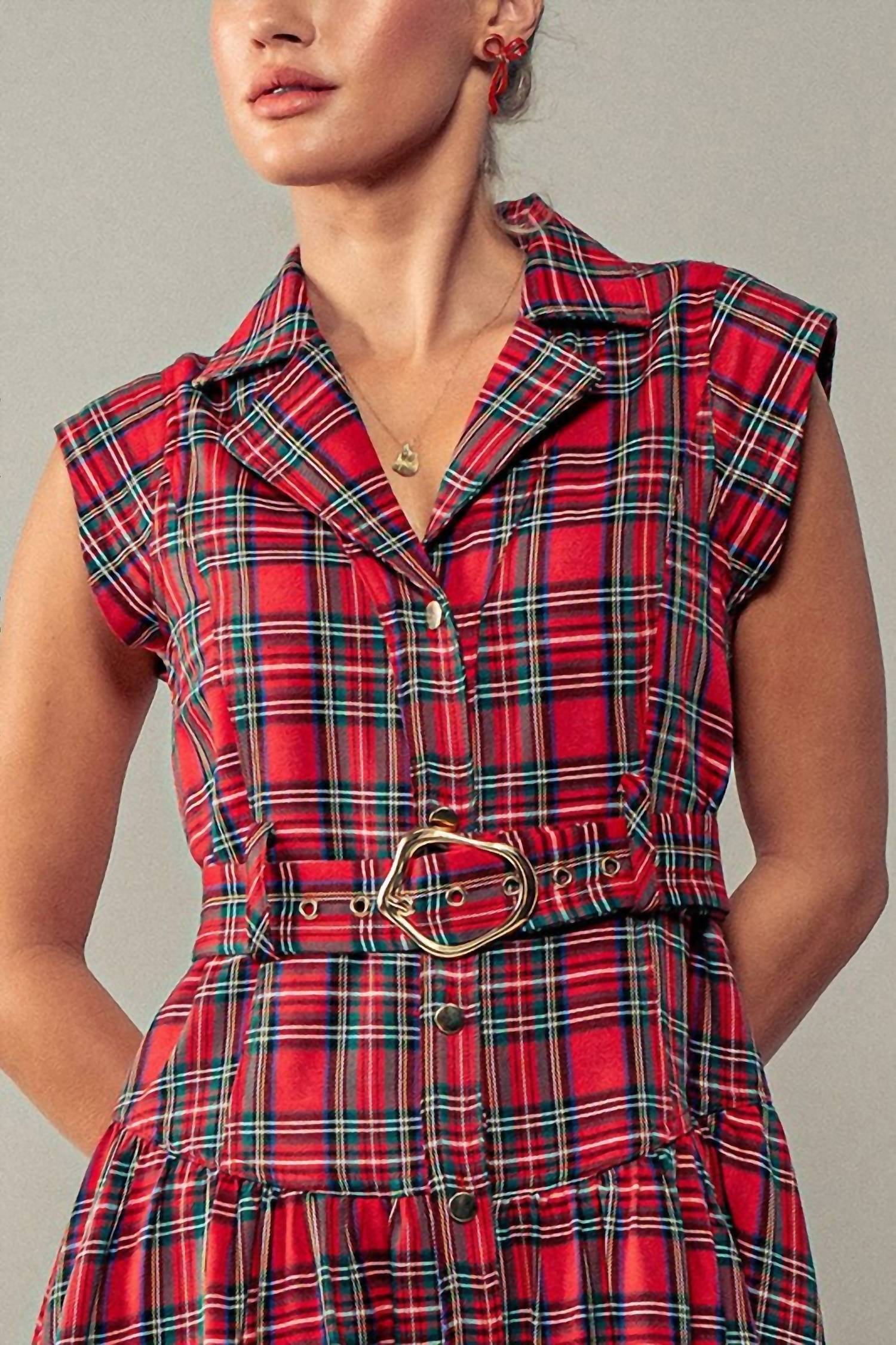 Faire - Dashing Plaid Belted A-line Dress