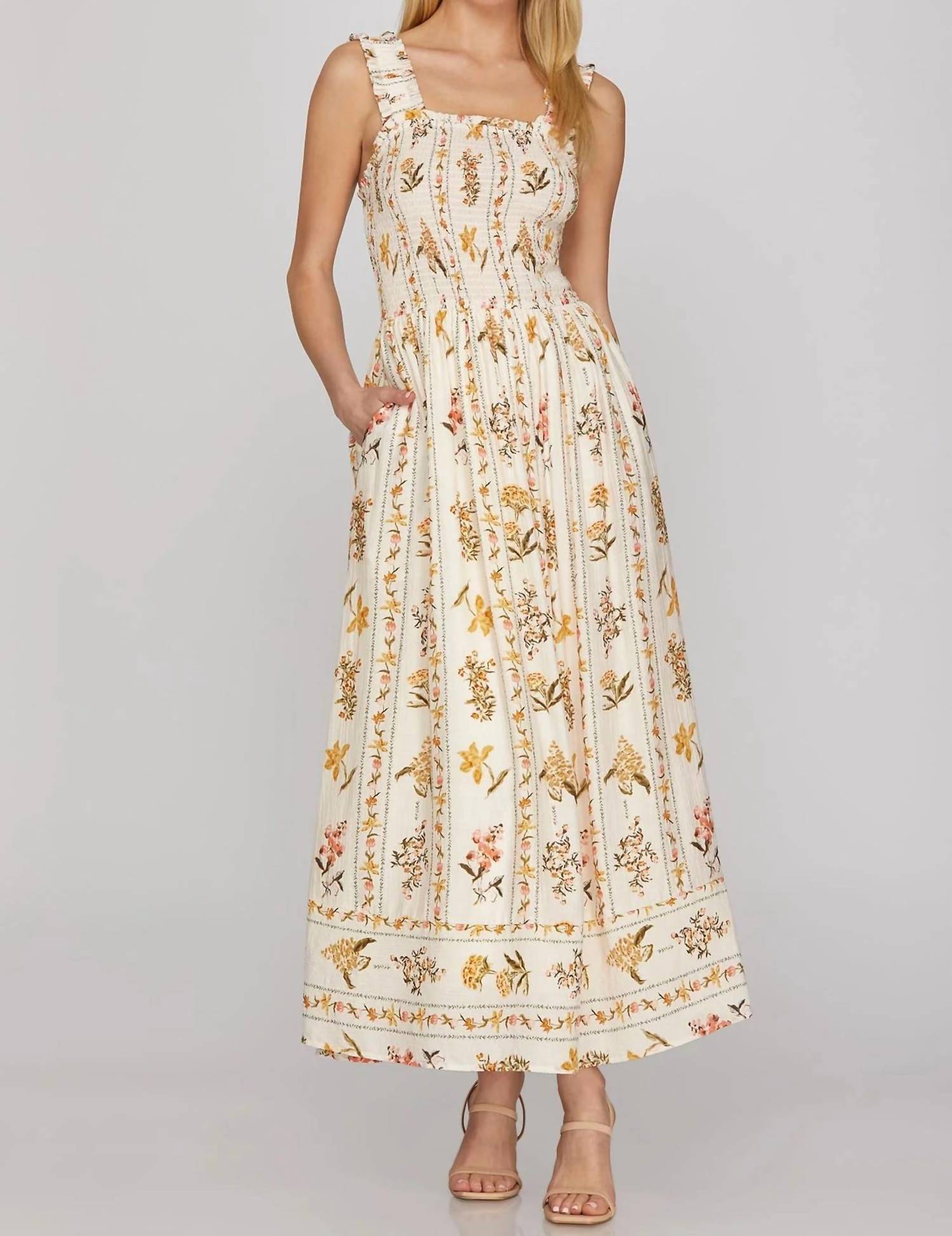 She + Sky - Sleeveless Print Smocked Maxi Dress
