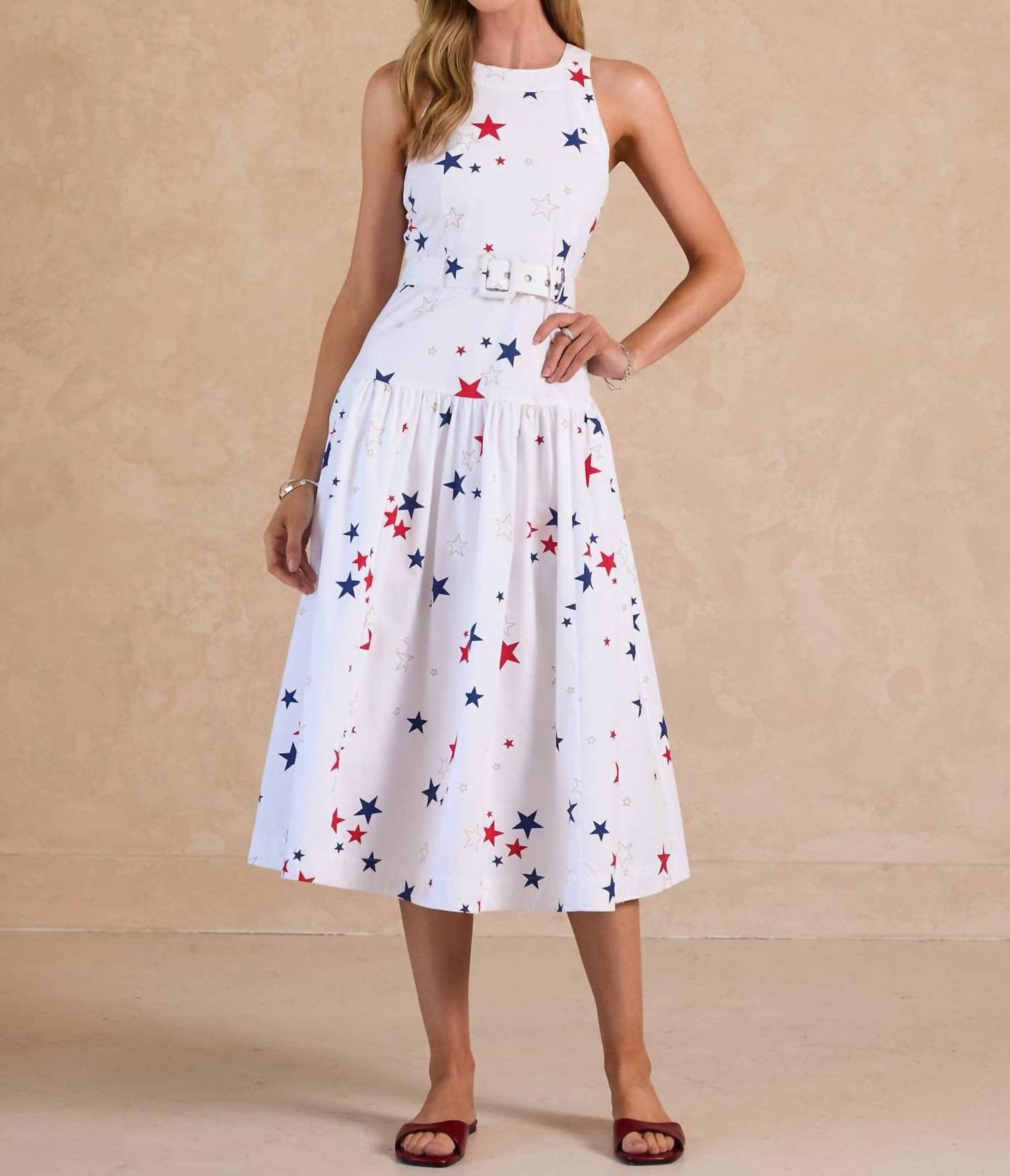 Current Air - Star Printed Belted Sleeveless Midi Dress