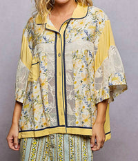 POL Oversized Floral Button Up Top in lemon multi - women's blouse