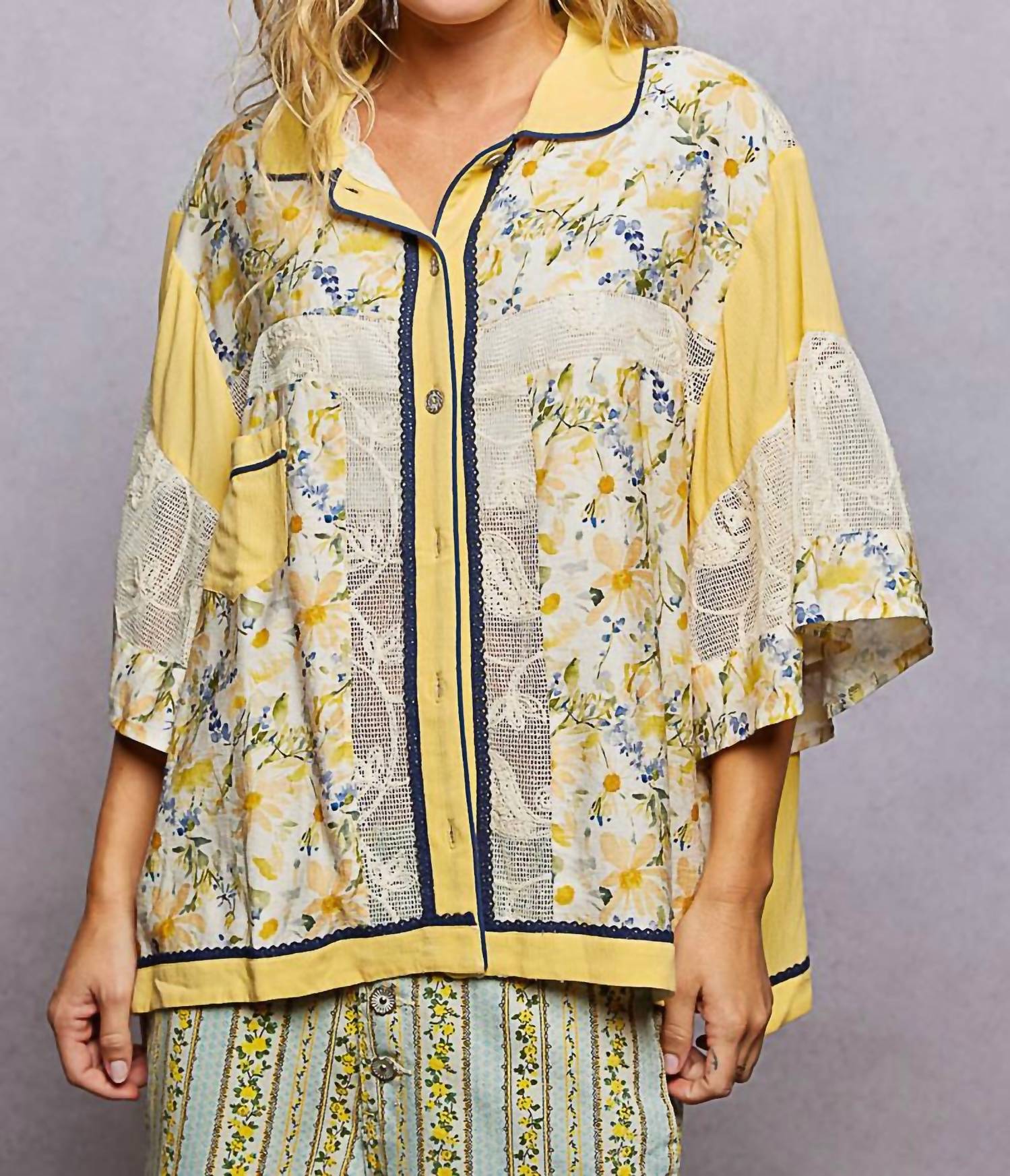 POL Oversized Floral Button Up Top in lemon multi - women's blouse