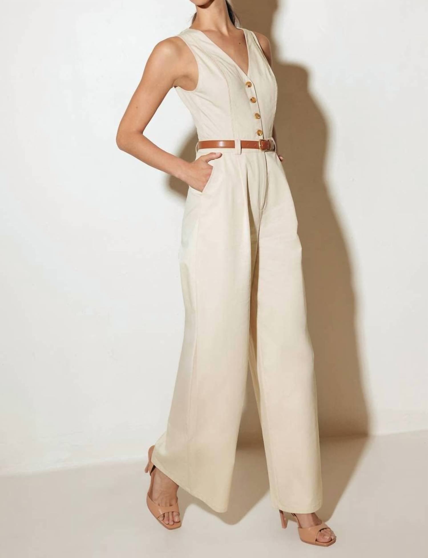 FLYING TOMATO Solid Woven Jumpsuit in almond - women's pants - alternate view