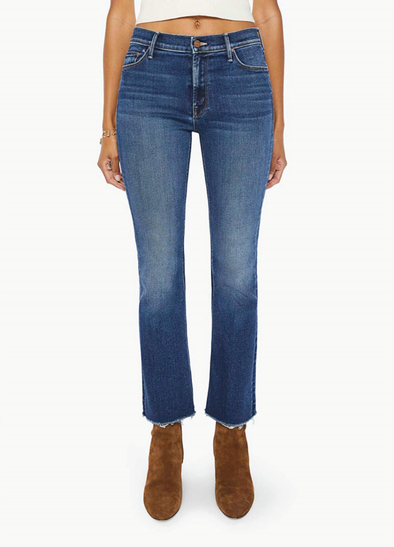 Mother Outsider Ankle Fray Flare Jeans in uncharted waters - women's jeans