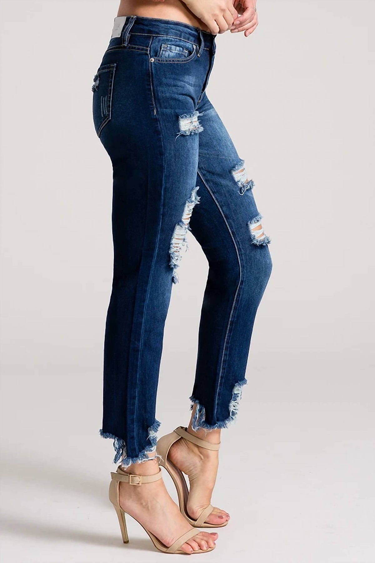 Ymi - Dream Mid-rise Anklet With Hem Destruction Jeans