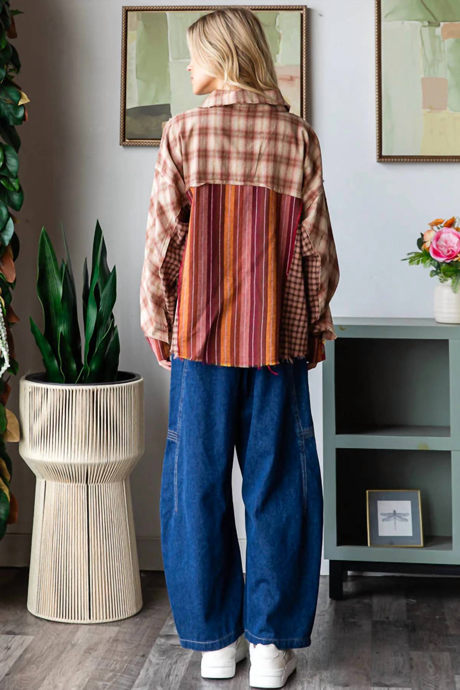 Oli & Hali - Washed Plaid & Stripe Mix Shacket Top