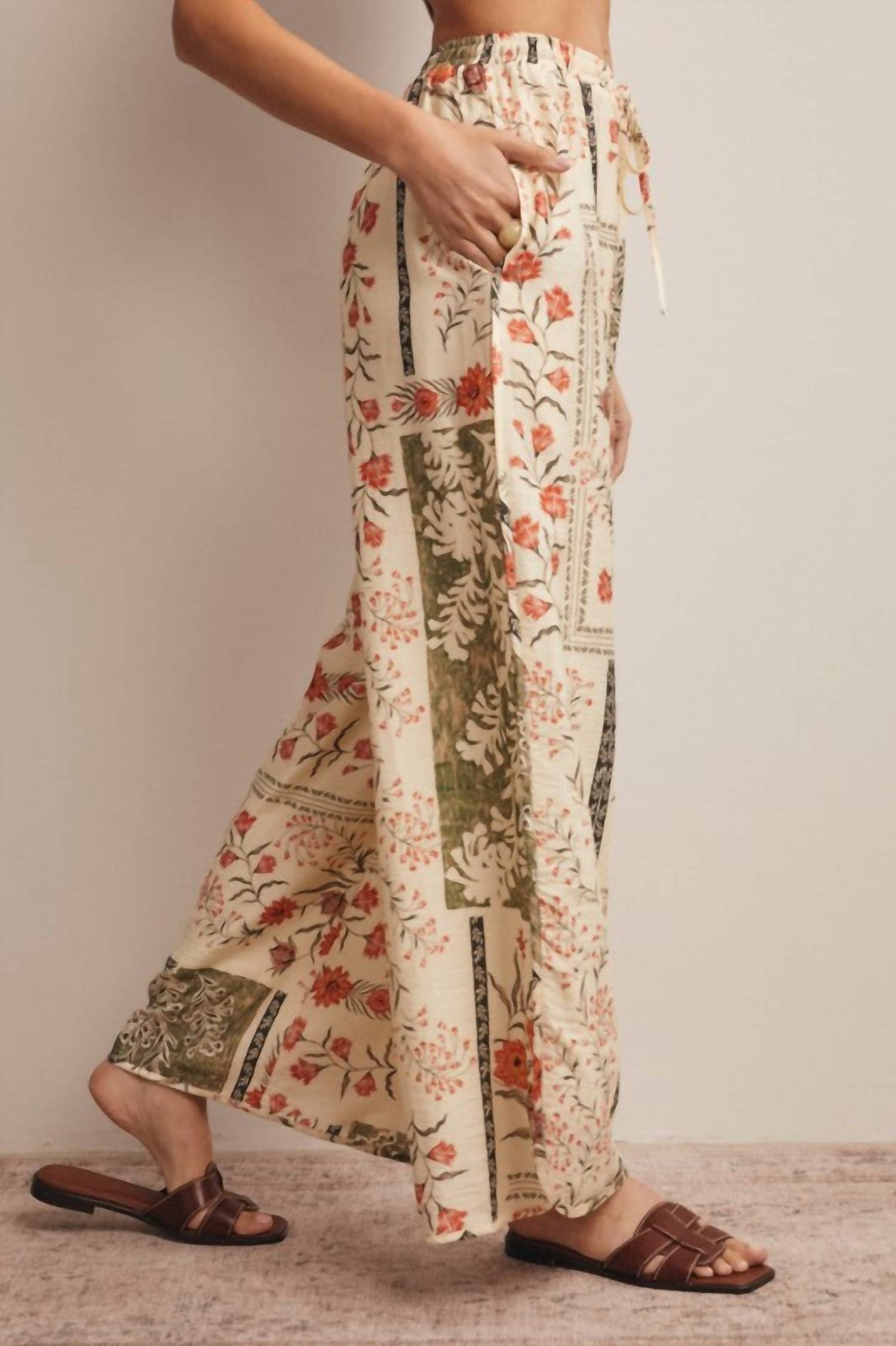 Forte Patchwork Floral Wide-Leg Pants in beige - women's pants - detail view