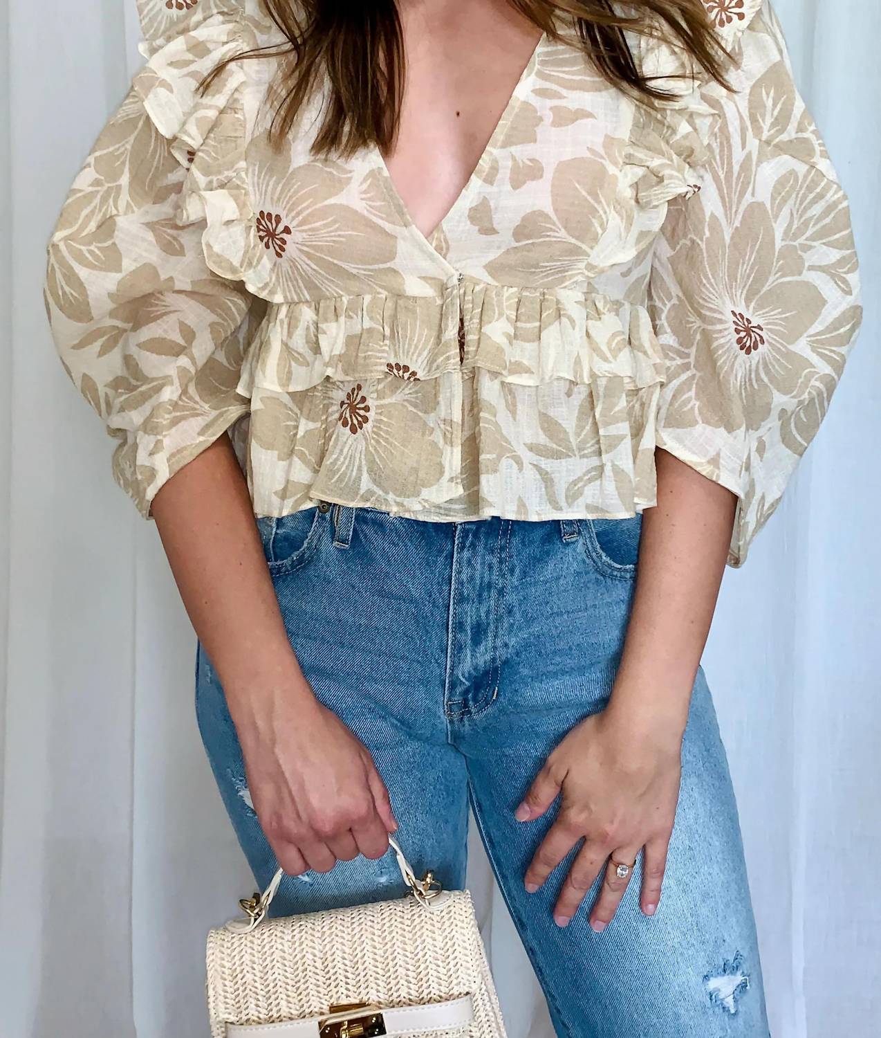 Olivaceous - Sweet Ruffle V-neck Top