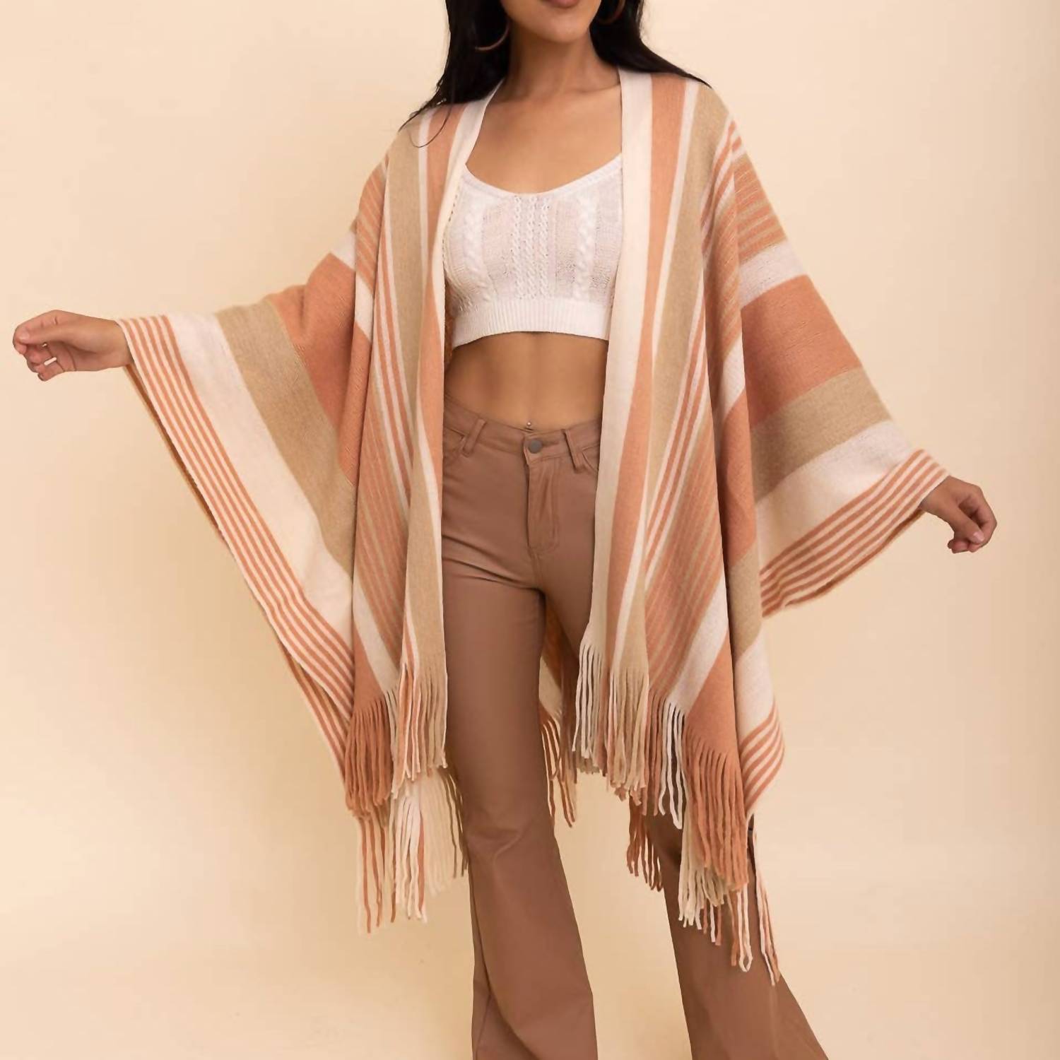 Leto - Striped Fringe Edge Ruana Wrap