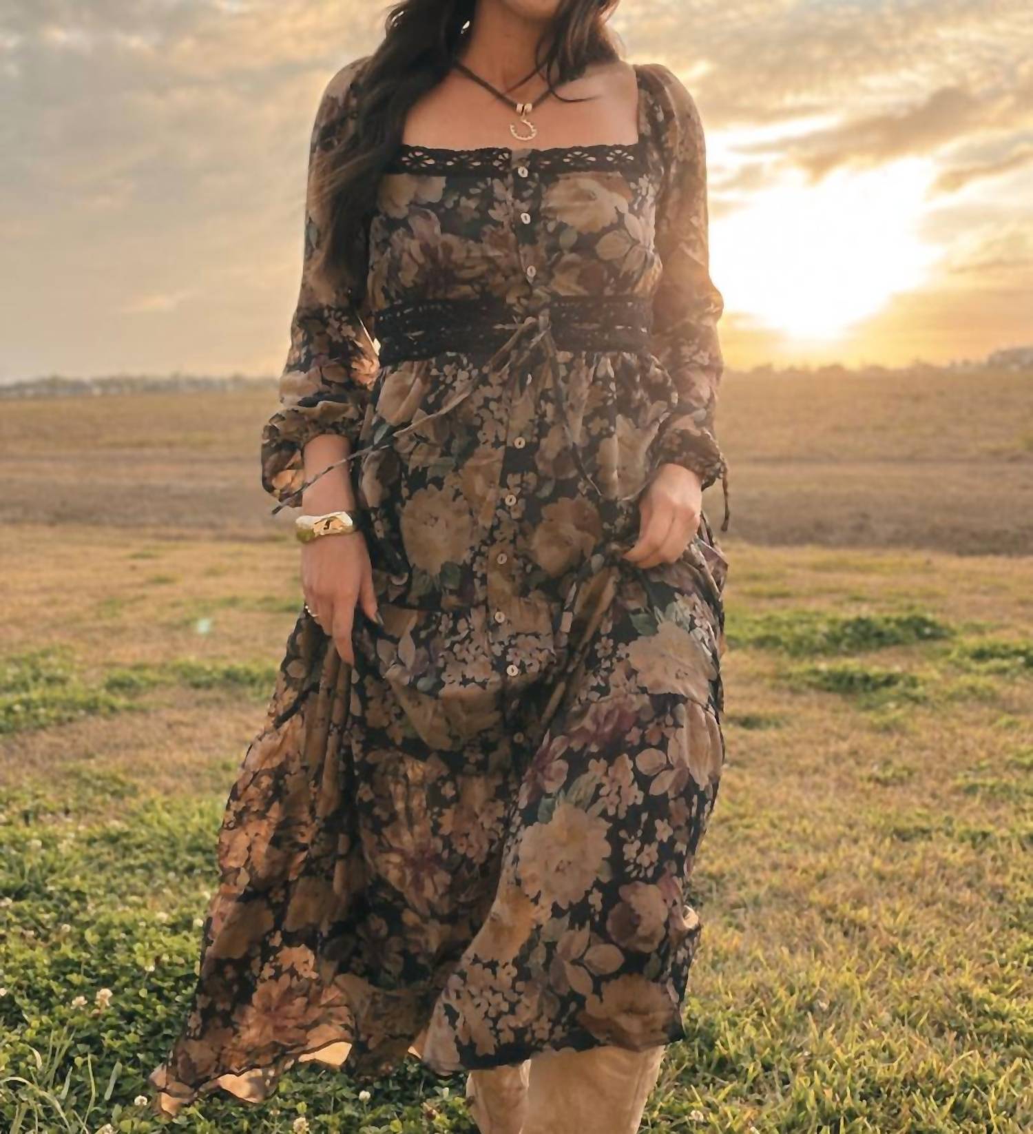 Promesa - Misty Meadow Floral Button-up Maxi Prairie Dress