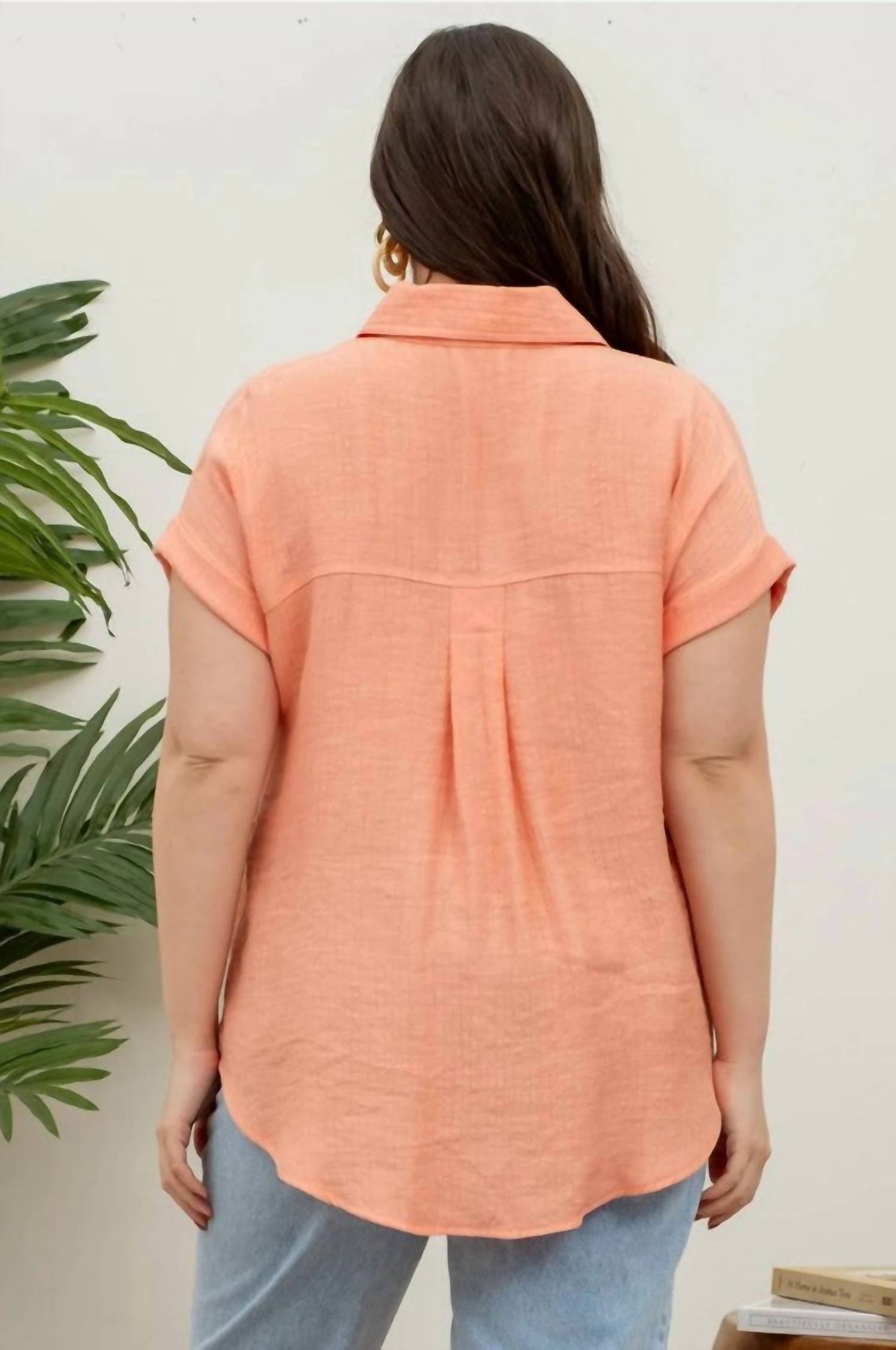 Perch By Blu Pepper - Collared Crinkled Cuff Sleeve Shirt - Plus