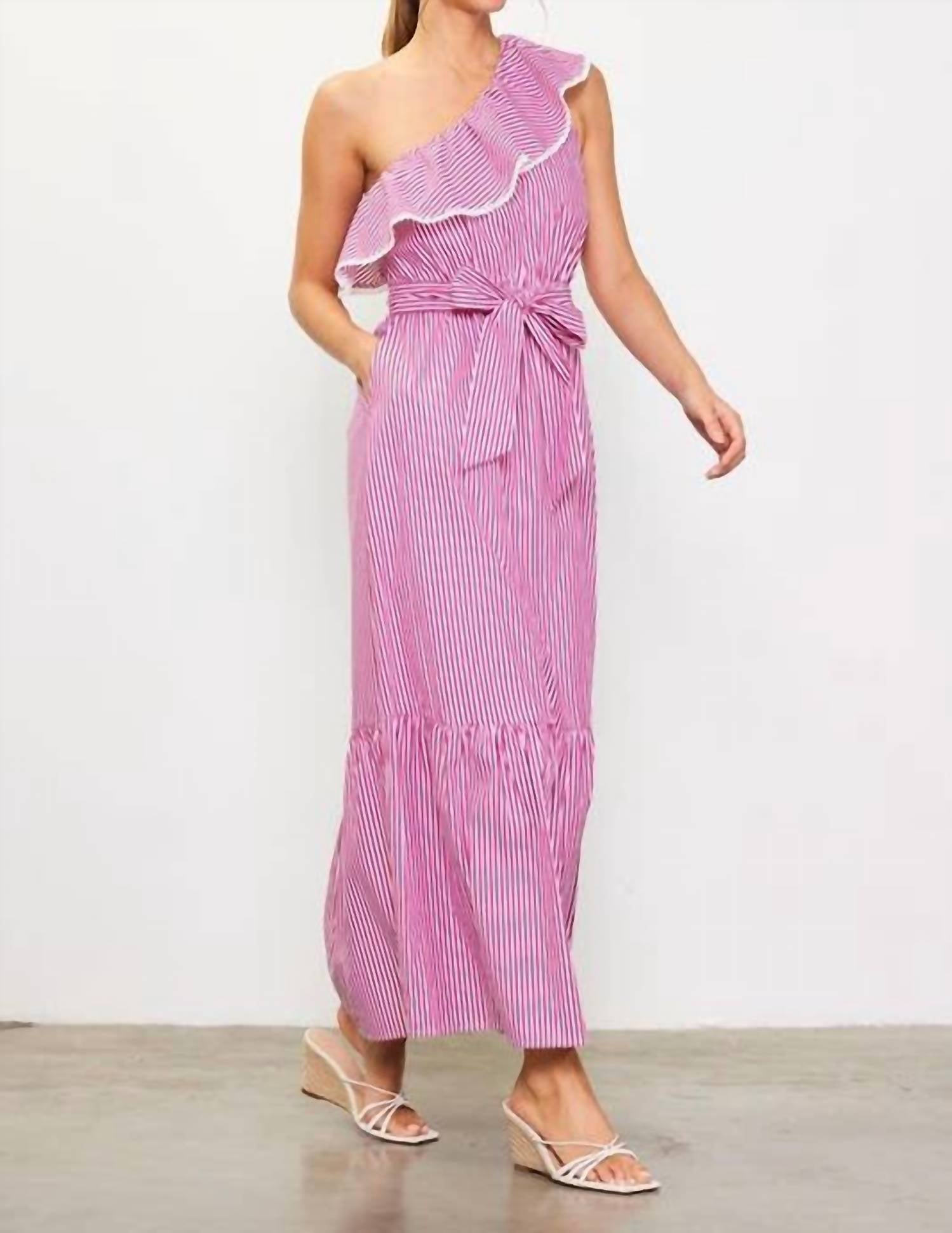 Skies Are Blue - Striped One Shoulder Ruffle Midi Dress