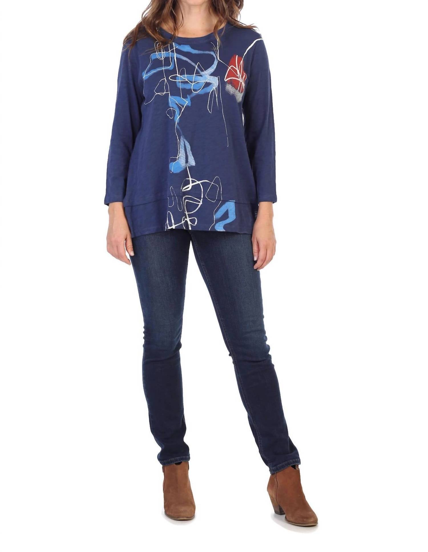 Jess & Jane Tenaya Cotton Layered Top in deep blue - women's blouse - detail view