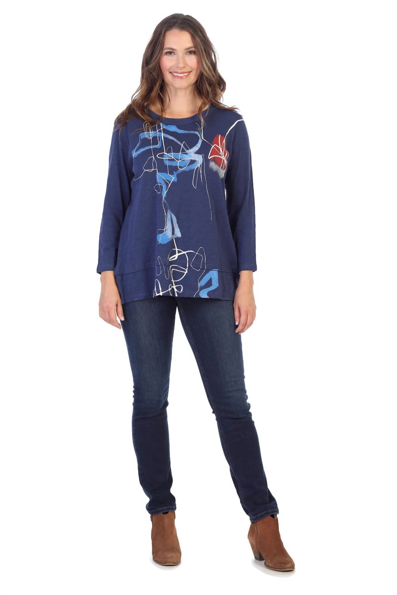 Jess & Jane Tenaya Cotton Layered Top in deep blue - women's blouse - alternate view
