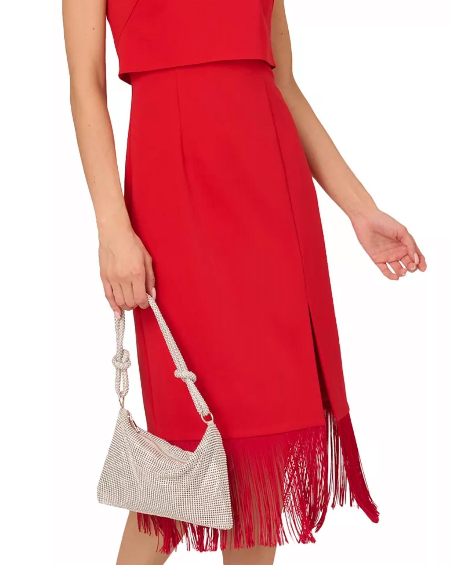 Adrianna Papell Women's Fringed-hem Midi Sheath Dress in red - women's dress - detail view
