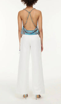 My Beachy Side Charlotte Shimmer Draped Halter Top in blue metallic - women's blouse - detail view