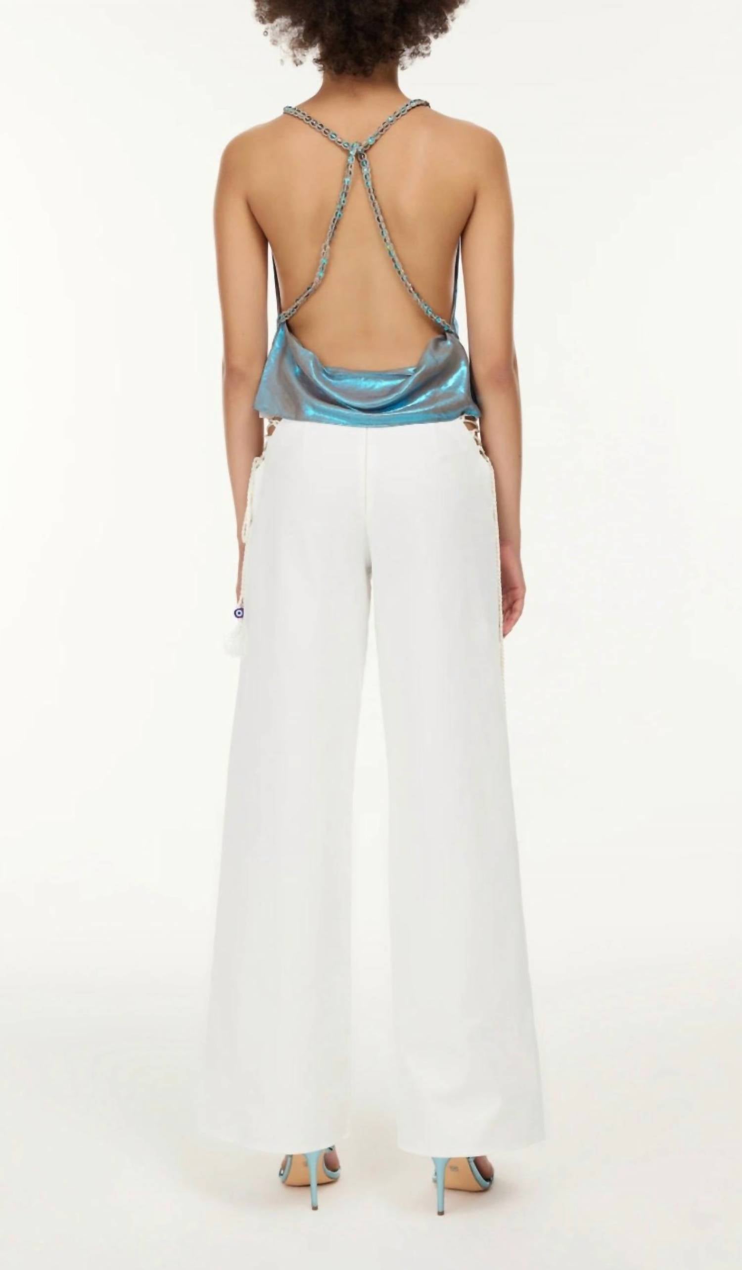 My Beachy Side Charlotte Shimmer Draped Halter Top in blue metallic - women's blouse - detail view