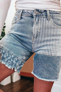 Dear Lover - Stripe Paisley & Mixed Patchwork Raw Hem Shorts