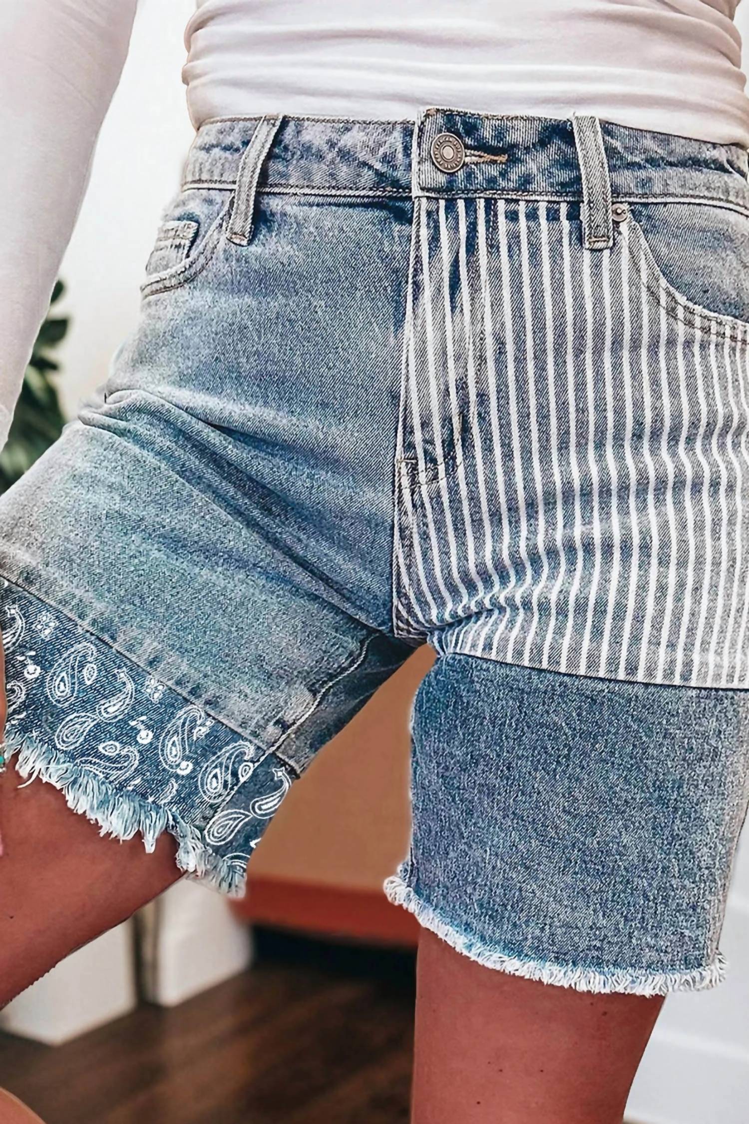 Dear Lover - Stripe Paisley & Mixed Patchwork Raw Hem Shorts