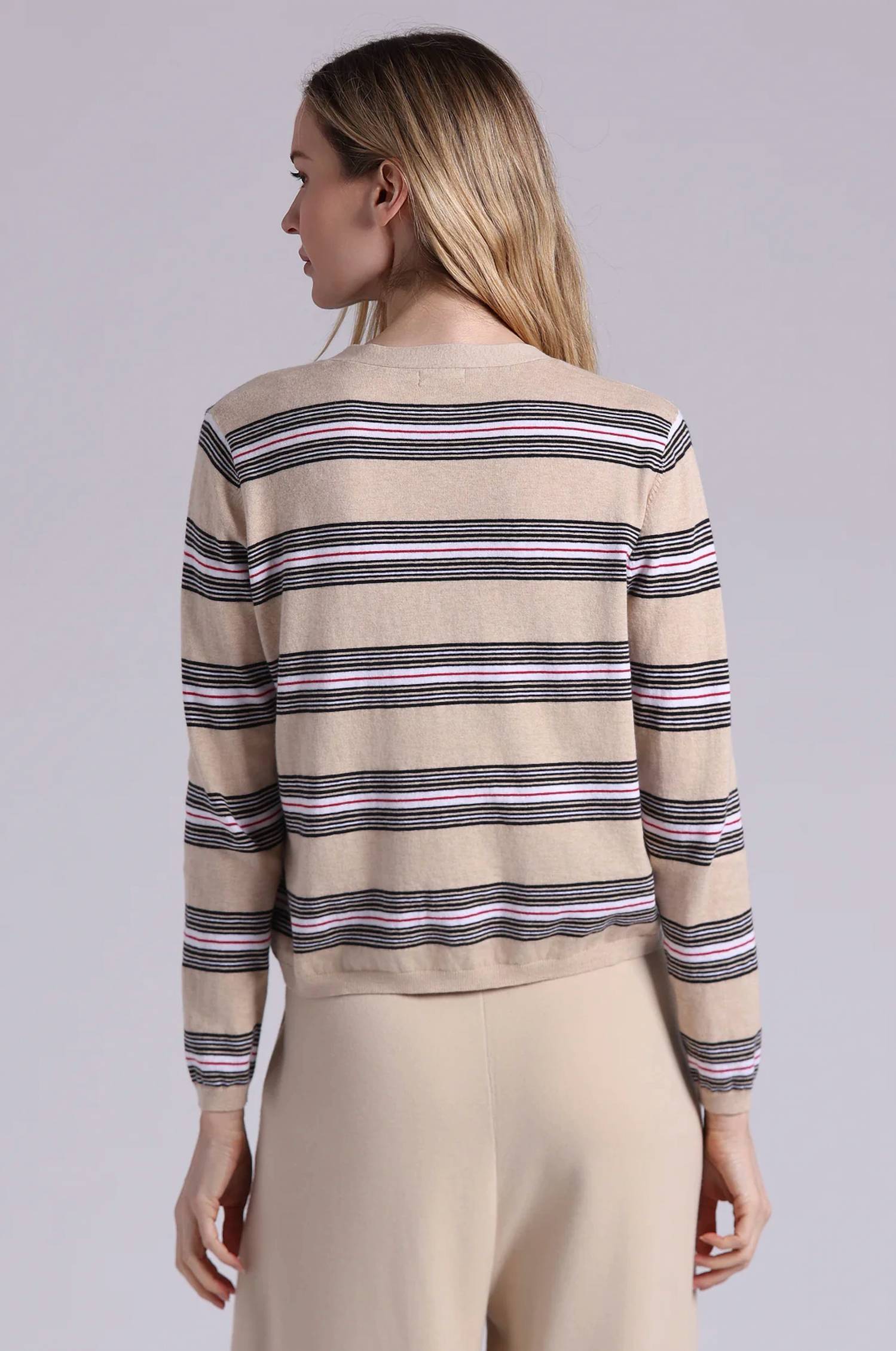 Minnie Rose - Cotton Cashmere Striped V Neck Cardigan
