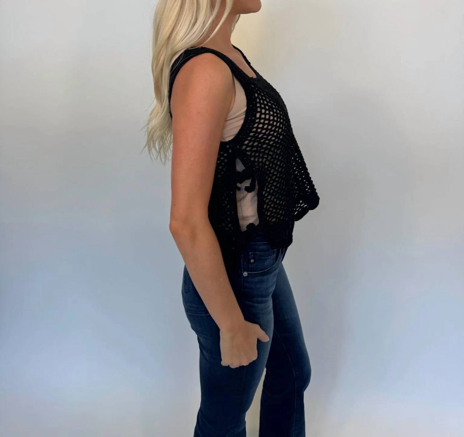 Romi The Brand Azure Crochet Tank Top With Tie in black - women's tank top - detail view