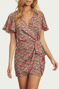FLORAL-PRINT SATIN WRAP MINI DRESS