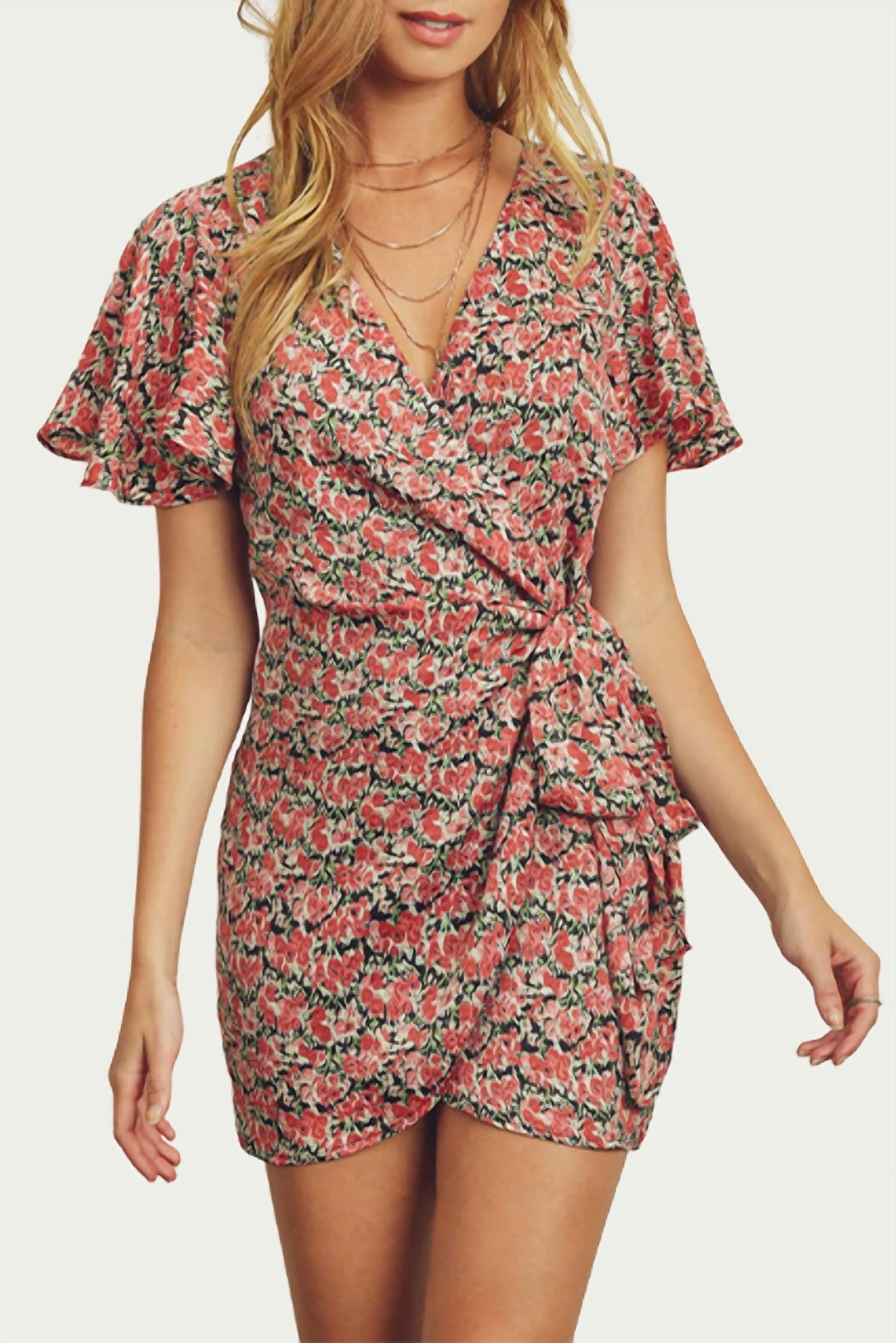 FLORAL-PRINT SATIN WRAP MINI DRESS