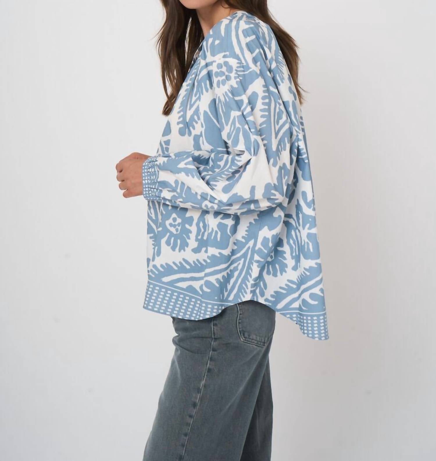 REPEAT cashmere Cotton Oversized Pattern Blouse in denim - women's blouse - alternate view