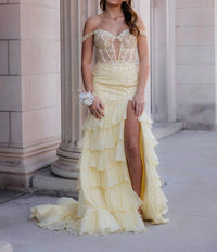 Sherri Hill Off The Shoulder Fitted Prom Dress in yellow - women's dress