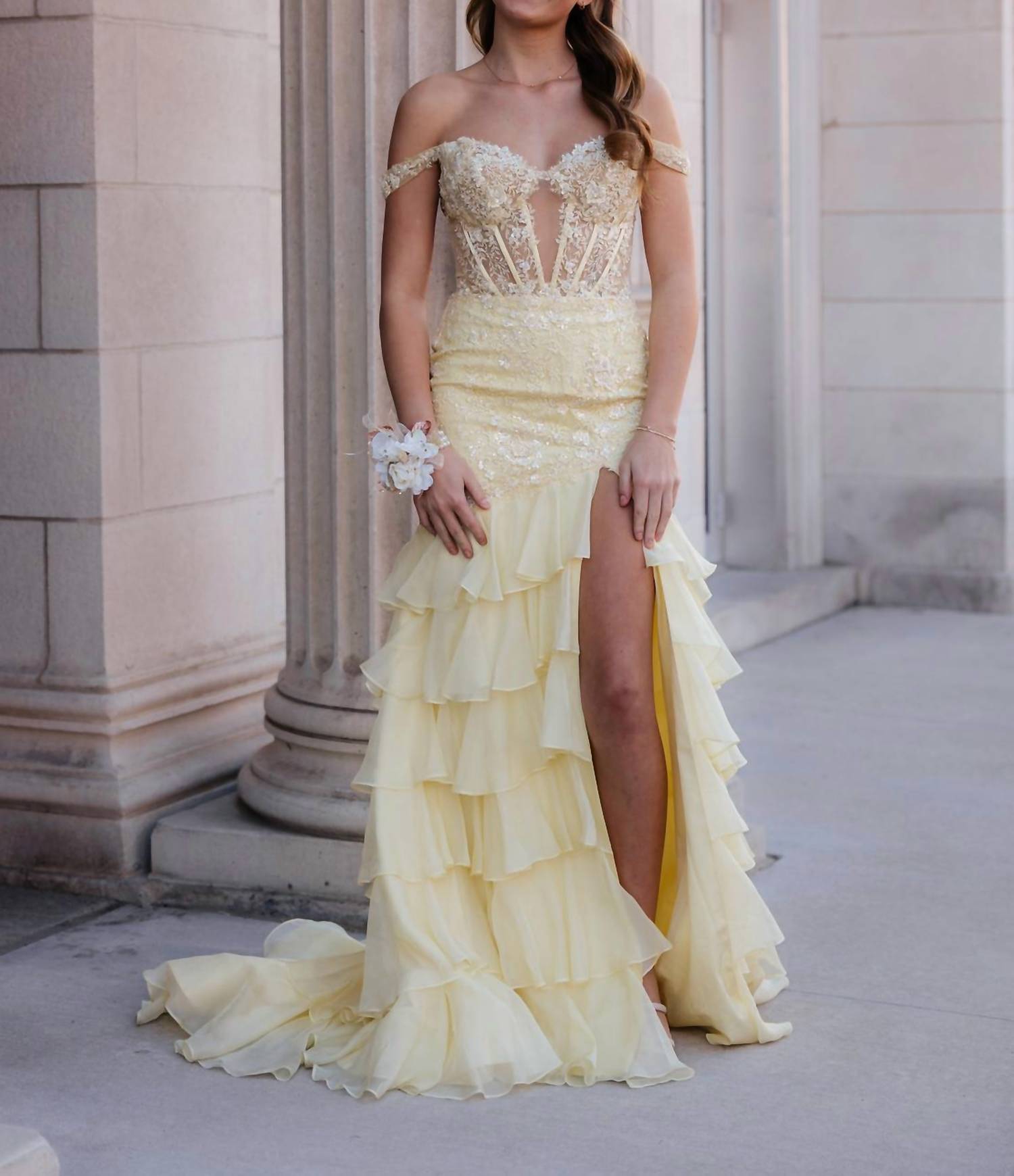 Sherri Hill Off The Shoulder Fitted Prom Dress in yellow - women's dress
