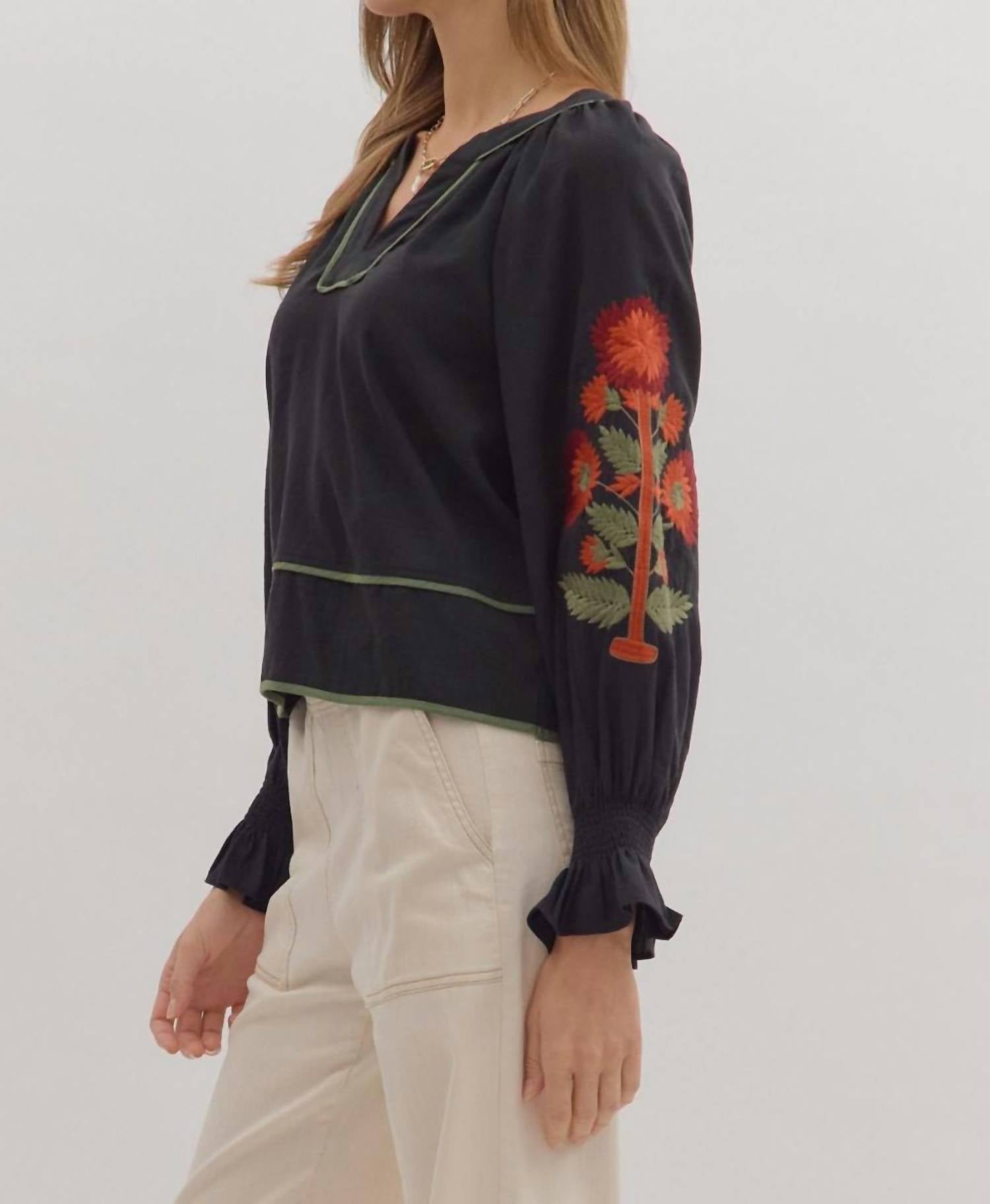 Entro - Solid Long Puff Sleeve Top