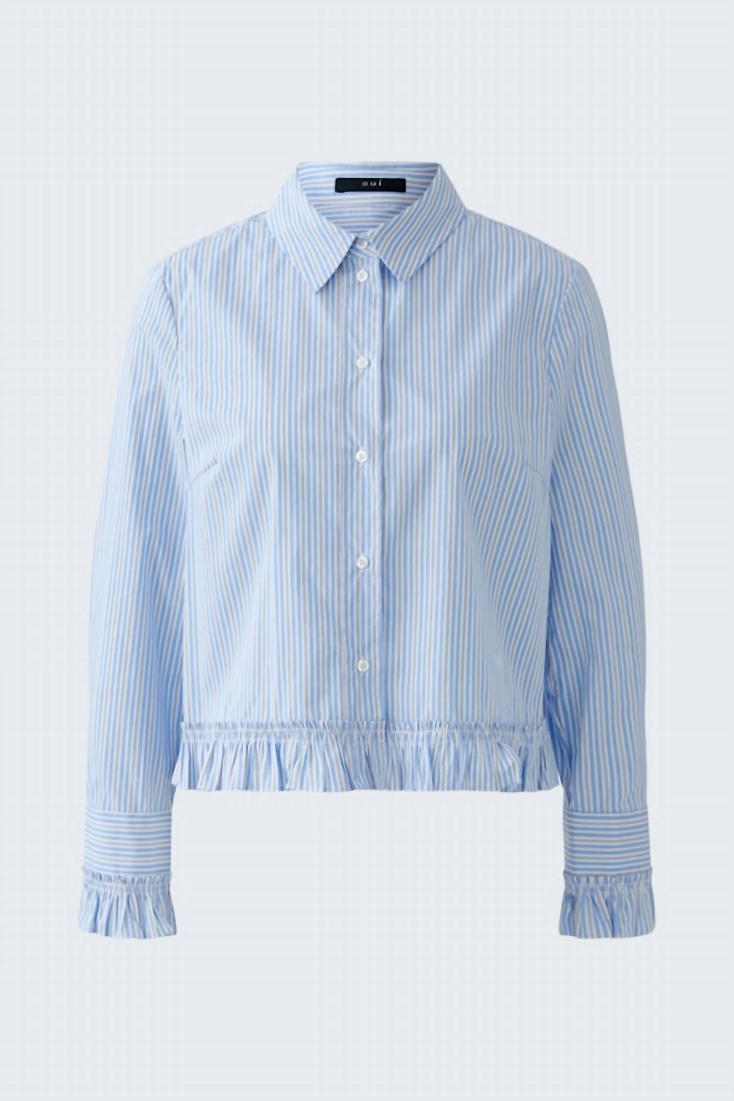 Oui Ruffled Sleeve And Hem Blouse in light blue white - women's blouse - view 5