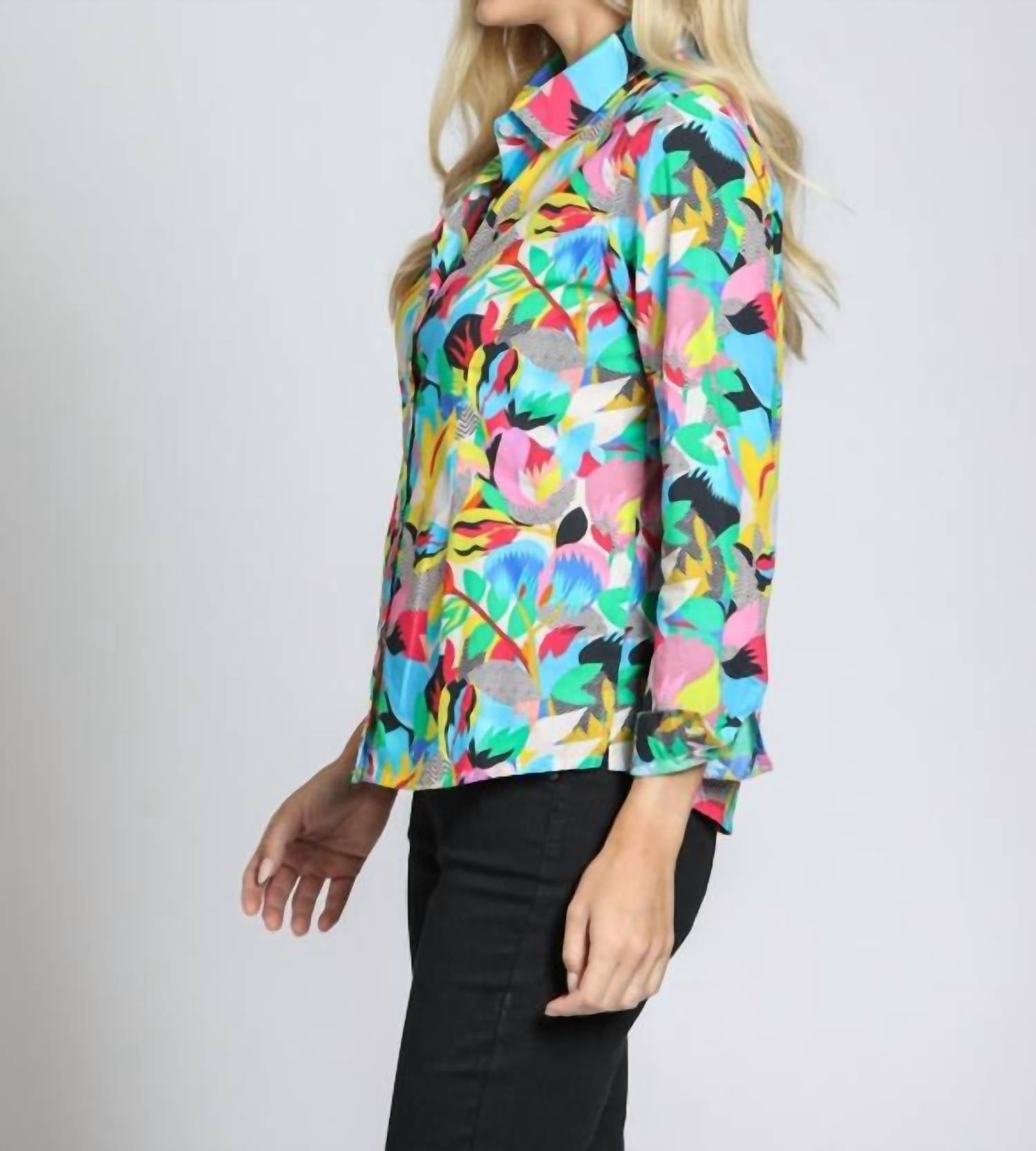 APNY Classic Button-up Shirt in bright blue multi - women's shirt - detail view